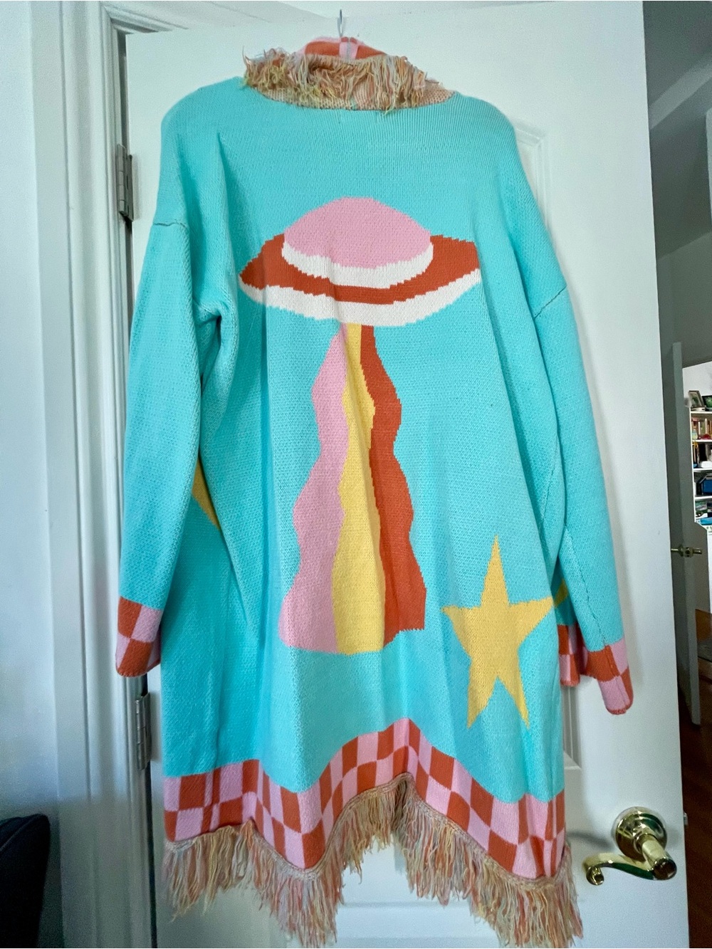 Dressed in LALA UFO, Open-Front Fringe Cardigan - Turquoise & Peach